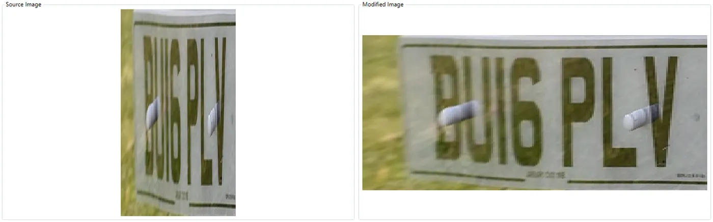 A narrow licence plate image, before and after scaling to read BU16 PLV.