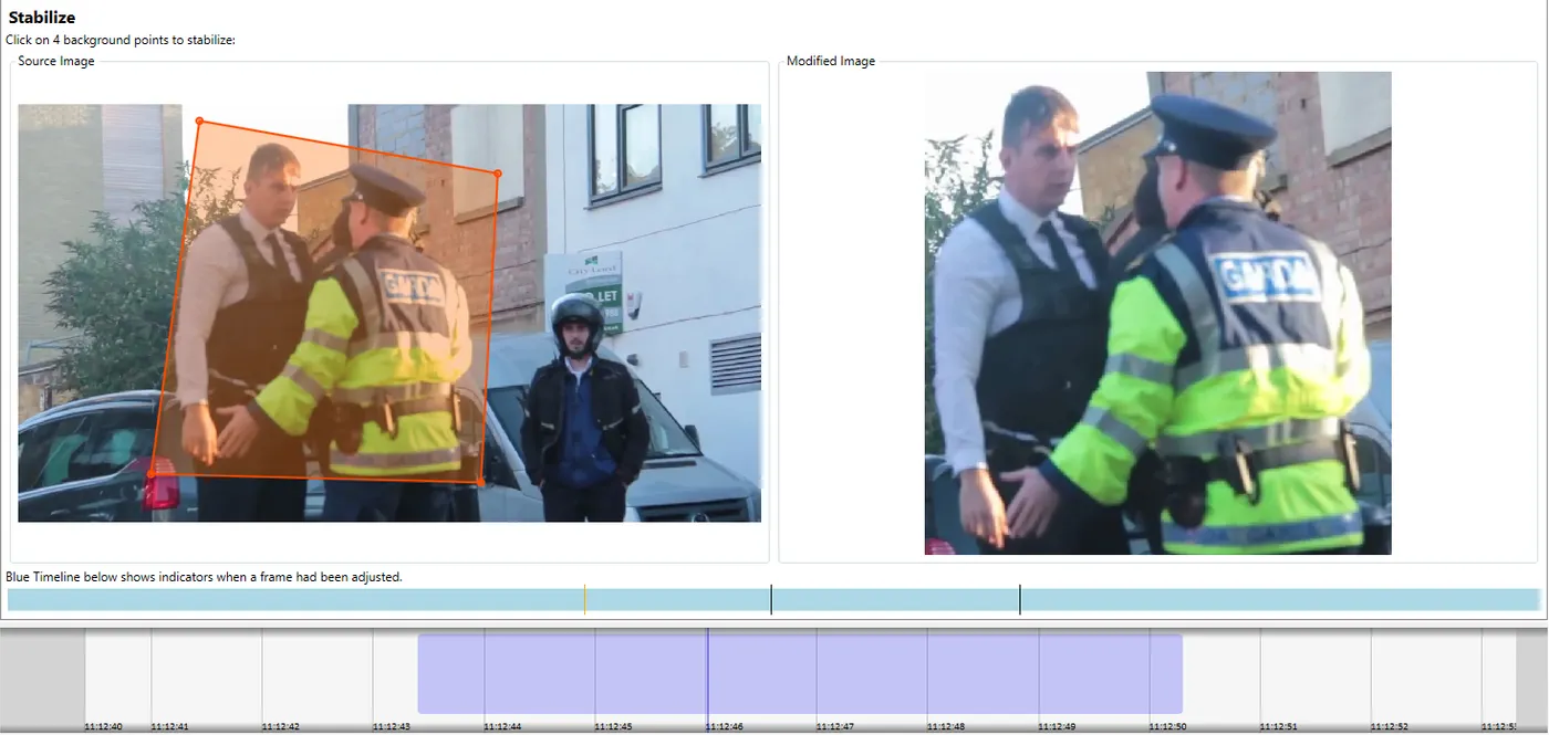 Body-worn footage of police officers with four stabilisation points marked, and the stabilised result.