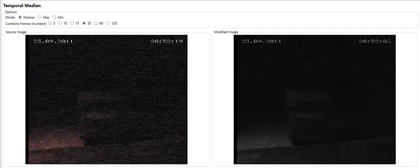 A dark, noisy night frame before and after temporal median filtering.