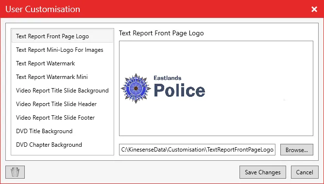 The User Customisation window listing the report template images, with the Text Report Front Page Logo selected.