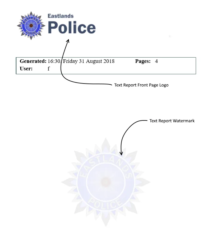 A PDF image report page with the Text Report Front Page Logo and Text Report Watermark labelled.