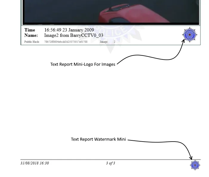 A PDF image report page with the Text Report Mini-Logo For Images and Text Report Watermark Mini labelled.
