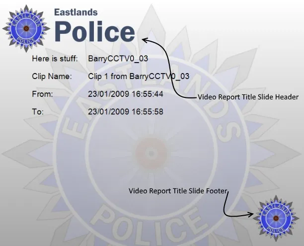 A video title slide with the Video Report Title Slide Header and Footer images labelled.
