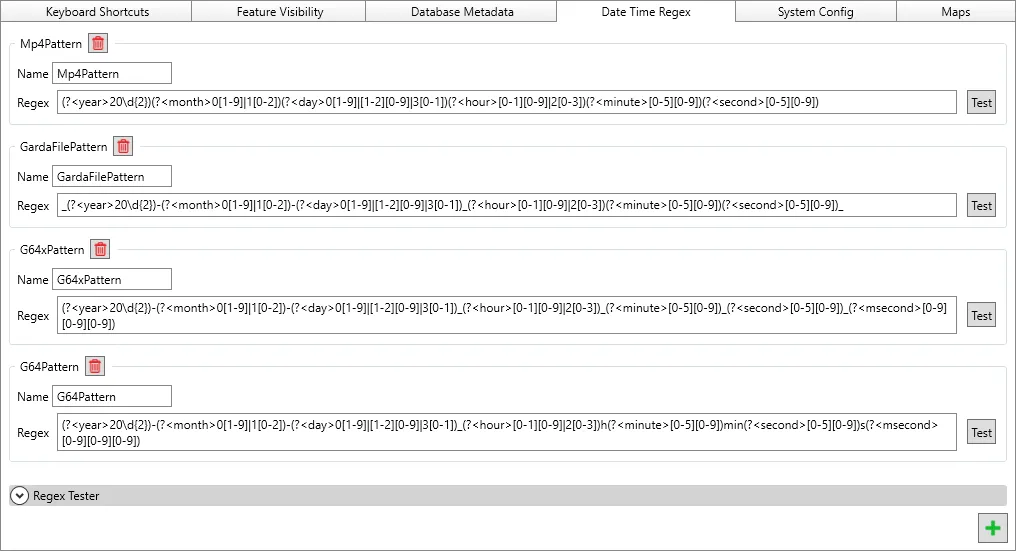 The Date Time Regex tab in the Settings Editor, listing named regular expressions for reading dates from file names.