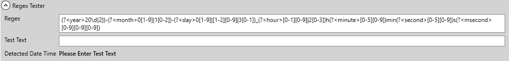 The Regex Tester, with a box for a test file name and the detected date and time.