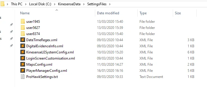 The SettingsFiles folder in Windows File Explorer, with a folder for each username.