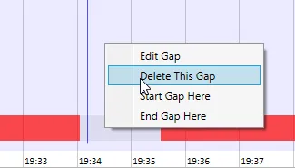 The right-click menu on a gap, offering Edit Gap, Delete This Gap, Start Gap Here and End Gap Here, with Delete This Gap highlighted.