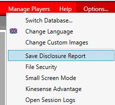 The Options menu with Save Disclosure Report highlighted.