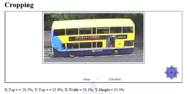 A clarification disclosure report page showing a cropped bus image and the crop settings used.
