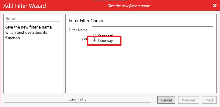 The Add Filter Wizard with the Doorway filter type selected.