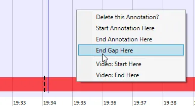 The same right-click menu on the annotation timeline, now with End Gap Here highlighted. A dashed marker shows where the gap starts.