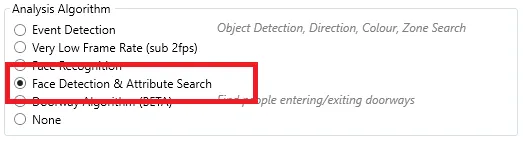 The analysis algorithm list with Face Detection & Attribute Search selected.