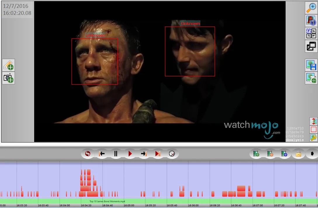 The Review tab with detected faces boxed in red and red events on the timeline.
