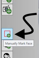 An arrow pointing to the Manually Mark Face button in the review toolbar.