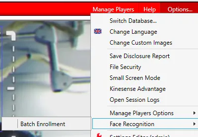 The Options menu with Face Recognition expanded to show Batch Enrollment.