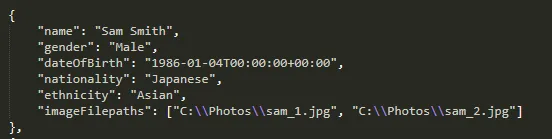 A sample JSON entry for a person, with name, gender, date of birth, nationality, ethnicity and image file paths.