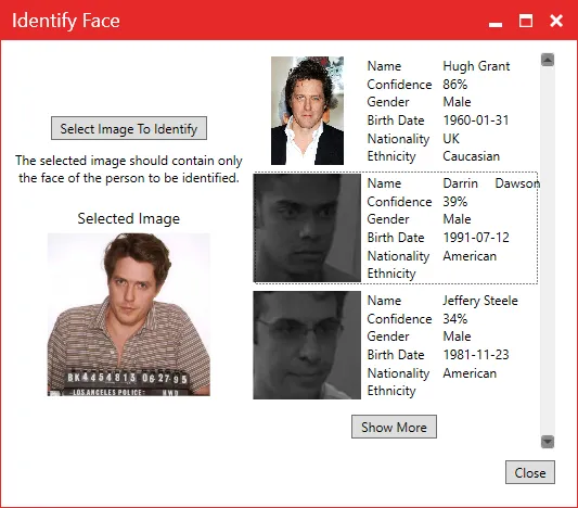 The Identify Face window with a selected image and a list of possible matches with confidence scores.