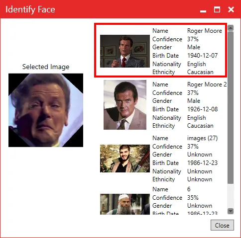 The Identify Face window searching the database with a clarified image.