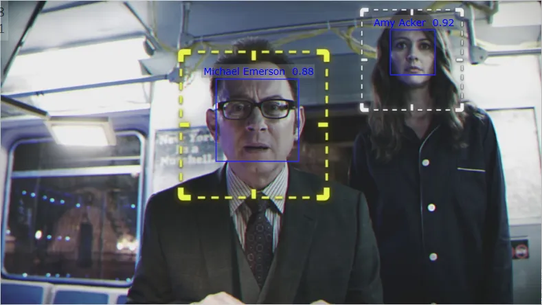 A video frame with detected faces boxed and labelled with names and confidence scores.