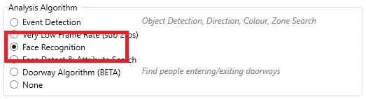 The analysis algorithm list with Face Recognition selected.