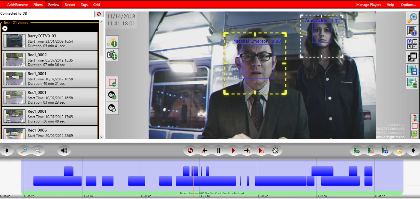 The Review tab with face recognition results shown as blue events on the timeline and boxes around faces.