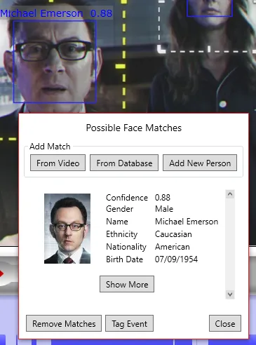 The Possible Face Matches box for a selected face, showing the matched person’s details and confidence.