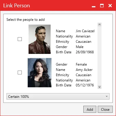 The Link Person window listing other people found in the video, with a certainty drop-down.