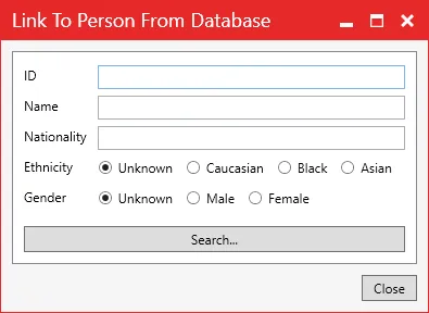 The Link To Person From Database search form: ID, name, nationality, ethnicity and gender.