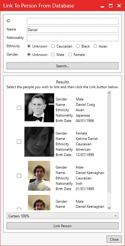 Database search results listing matching people with a checkbox beside each.