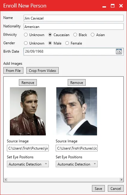 The Enroll New Person window with the person’s details and two face images added.