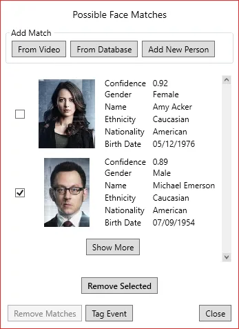 The Possible Face Matches list in Remove Matches mode, with one match ticked for removal.