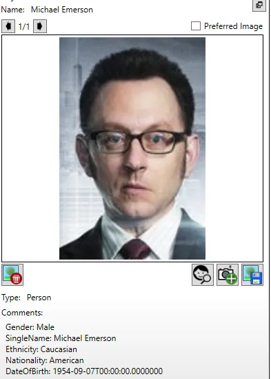 A person tag object with the matched face image and the person’s details in the comments.