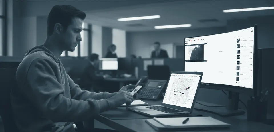 An investigator reviewing case maps and video clips on a laptop