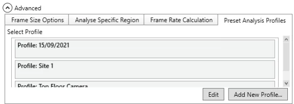 The Preset Analysis Profiles tab listing saved profiles, with Edit and Add New Profile buttons.