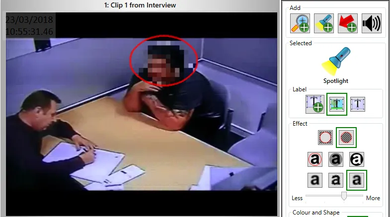The interview video with the subject’s face pixelated inside the spotlight.