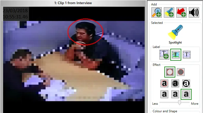The interview video pixelated everywhere except inside the spotlight around the subject’s face.