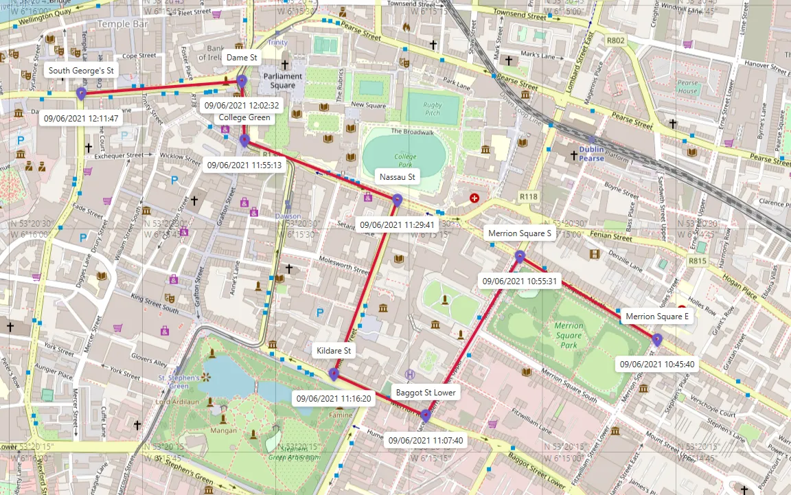 GPS points plotted on the map from a CSV file and joined into a route.