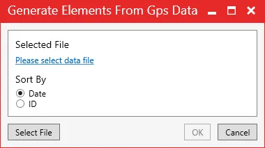 The Generate Elements From Gps Data window for choosing the file and sorting by date or ID.
