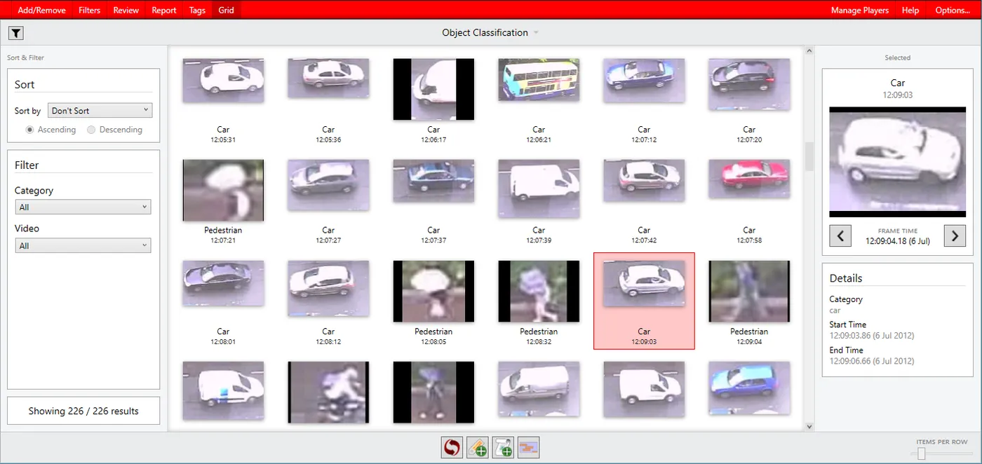 The Grid tab showing object classification results as a grid of cars and pedestrians.