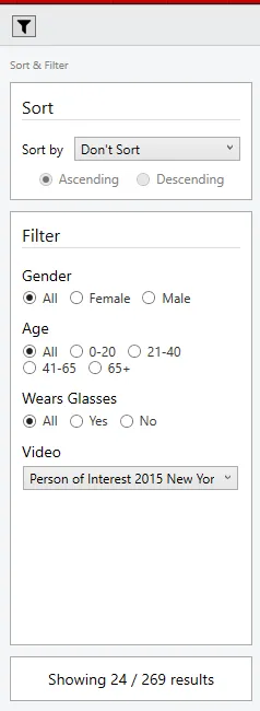 The Sort and Filter panel for face attributes, with gender, age and glasses filters.