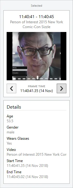 The Selected panel showing a detected face with its frame time, age, gender and glasses details.