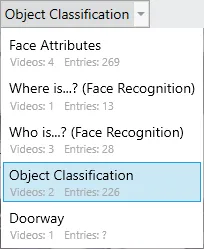 The Grid tab drop-down listing Face Attributes, Where is…?, Who is…?, Object Classification and Doorway results.