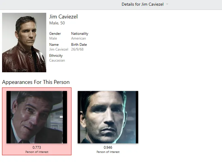 The details page for one person, with every appearance of them found in the videos.