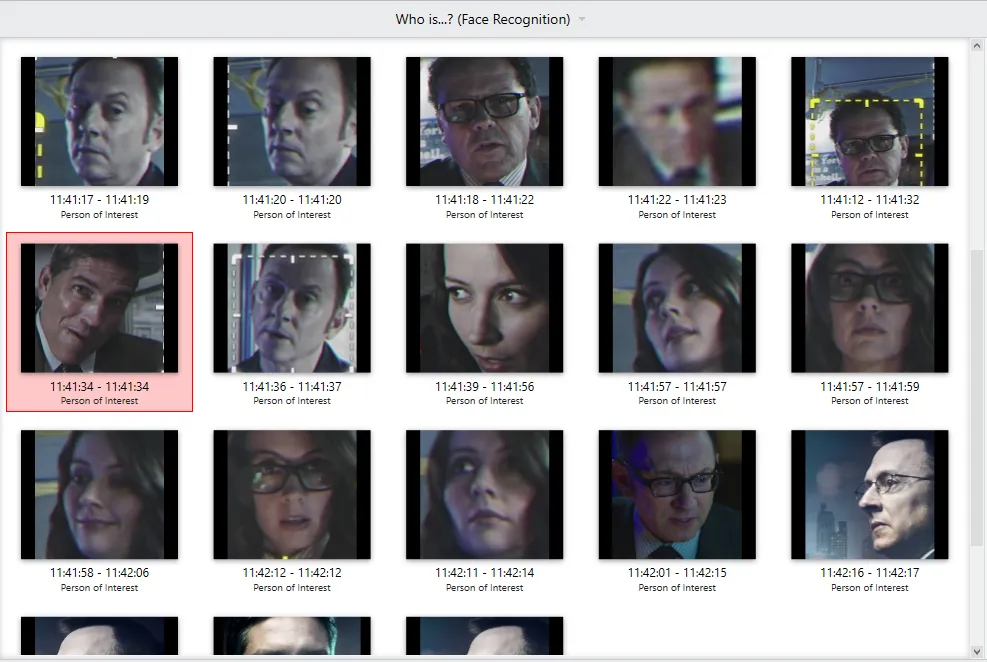 Who is…? results: a grid of every detected face with its time range.