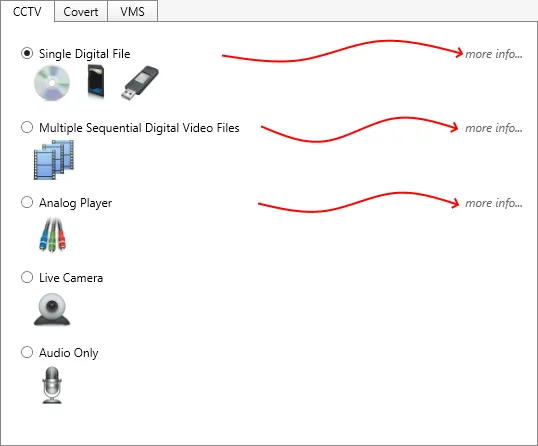 The CCTV tab of the import wizard with “more info…” links beside the first three import types.