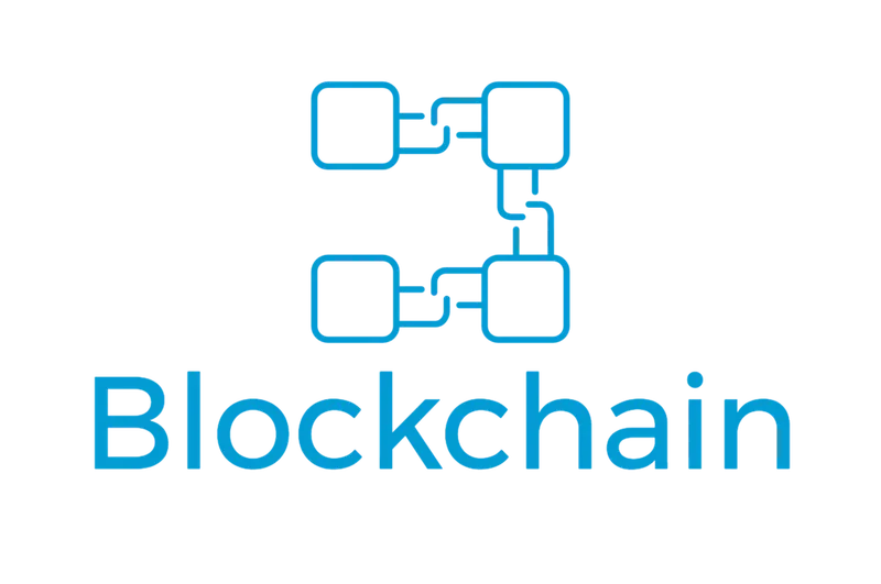 Line-drawing icon of four linked blocks above the word “Blockchain”.