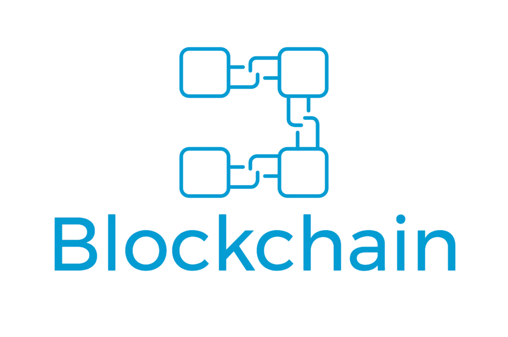 Line-drawing icon of four linked blocks above the word “Blockchain”.