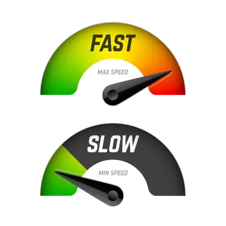 Two speedometer dials, one reading “Fast” at max speed and one reading “Slow” at min speed.