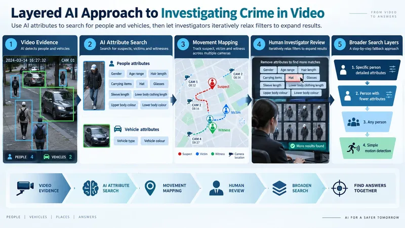 Infographic titled "Layered AI Approach to Investigating Crime in Video", showing five stages: video evidence, AI attribute search for people and vehicles, movement mapping across cameras, human investigator review, and broader search layers.
