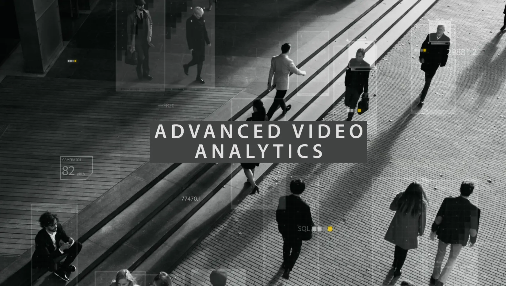 Black-and-white overhead view of pedestrians crossing a plaza, each outlined by a detection box, under the caption "Advanced Video Analytics".